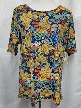 LuLaRoe Gigi T Shirt 3XL Multicolor Floral Leaf Print Top Yellow Teal Blue Coral